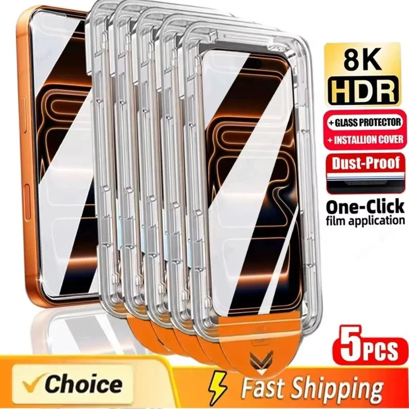 PHONE CASE 1-5PCS 8K Easy Install Screen Protector For iPhone 16 13 17 Pro Max 11 15 14 Air 16e 12 Mini XR X Xs 7 8 Plus Tempered Glass