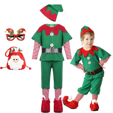 POLYESTER COSTUME SET New Year Elf Costume For Kids Girl Boy Green Santa Claus Suit Set With Hat Children Fancy Christmas Party Dress Set Performance