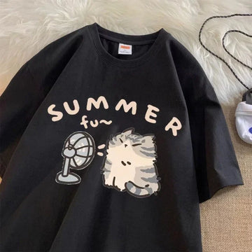 Korean Minimalist Cartoon  Cute Cat Printed Summer T-shirt Casual Round Neck Short Sleeves Creative Fashion Women's Clothing
