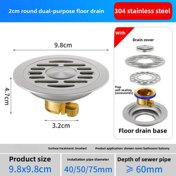 Rat Blocker for Drains 4 inch double gate Bathroom washing machine dual-use circular floor drain 304 stainless steel odor proof floor drain
