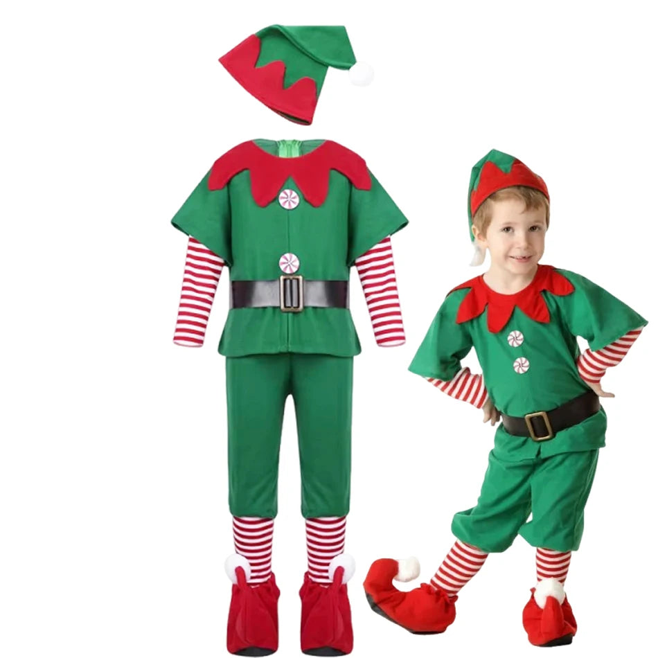 POLYESTER COSTUME SET New Year Elf Costume For Kids Girl Boy Green Santa Claus Suit Set With Hat Children Fancy Christmas Party Dress Set Performance