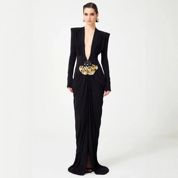 POLYESTER BEADING DRESS Sexy Low Cut Bodycon Bla Long Dr Pearl Decorated Evening Gown Faionable Dinner Dr High Waist Polyester Nylon Cos...