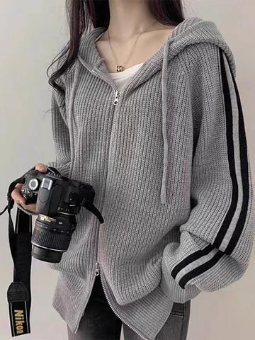 LADIES KNITTED SWATERS ITOOLIN New Lazy Wind Lapel Hooded Sweater Coats Zipper Stripe Knitted Cardigan Women's Autumn Winter Oversized Y2k Outer Wear