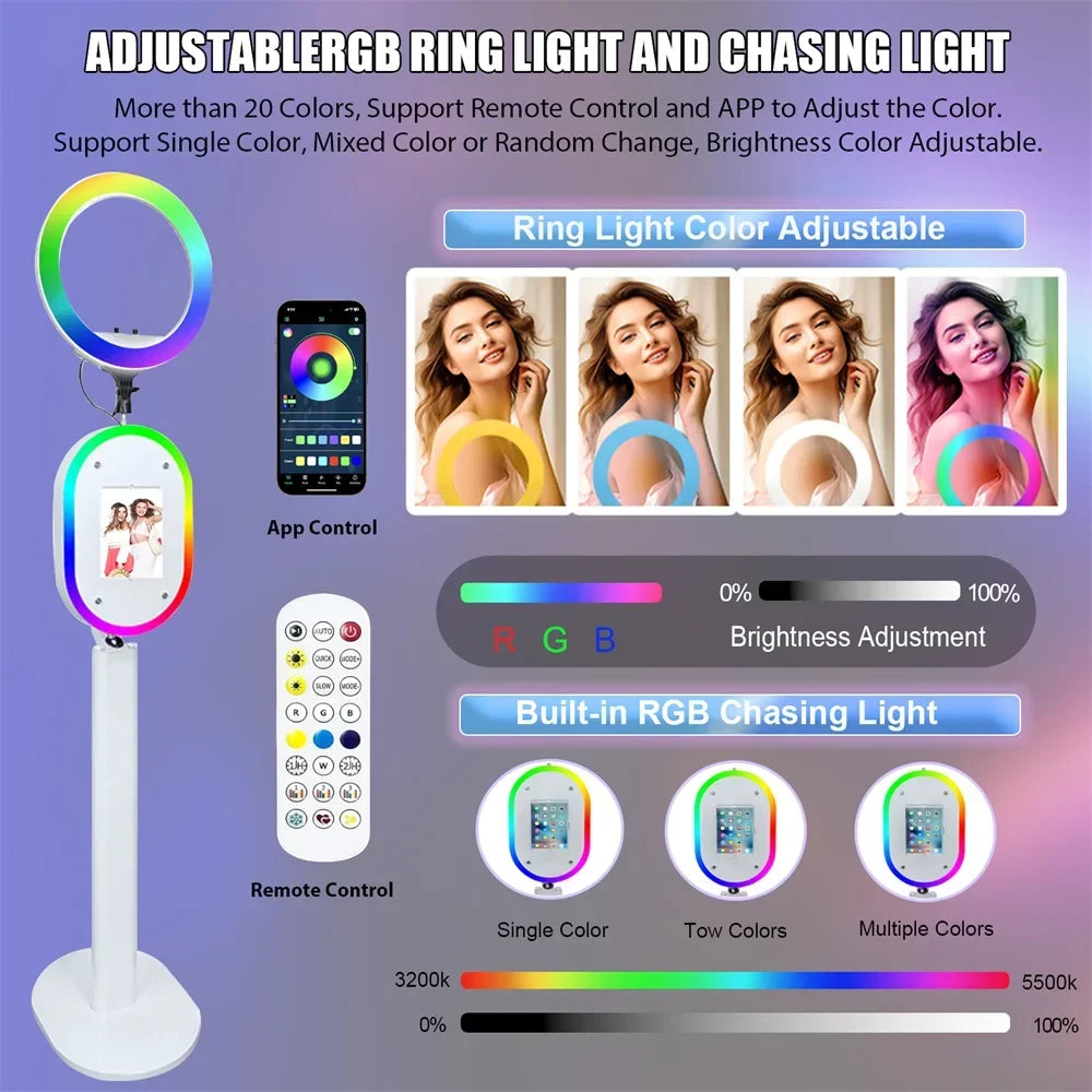 This portable touchscreen photo booth,equipped with an RGB ring light, is ideal for weddings, parties,and variousevents.Comes with a stand.