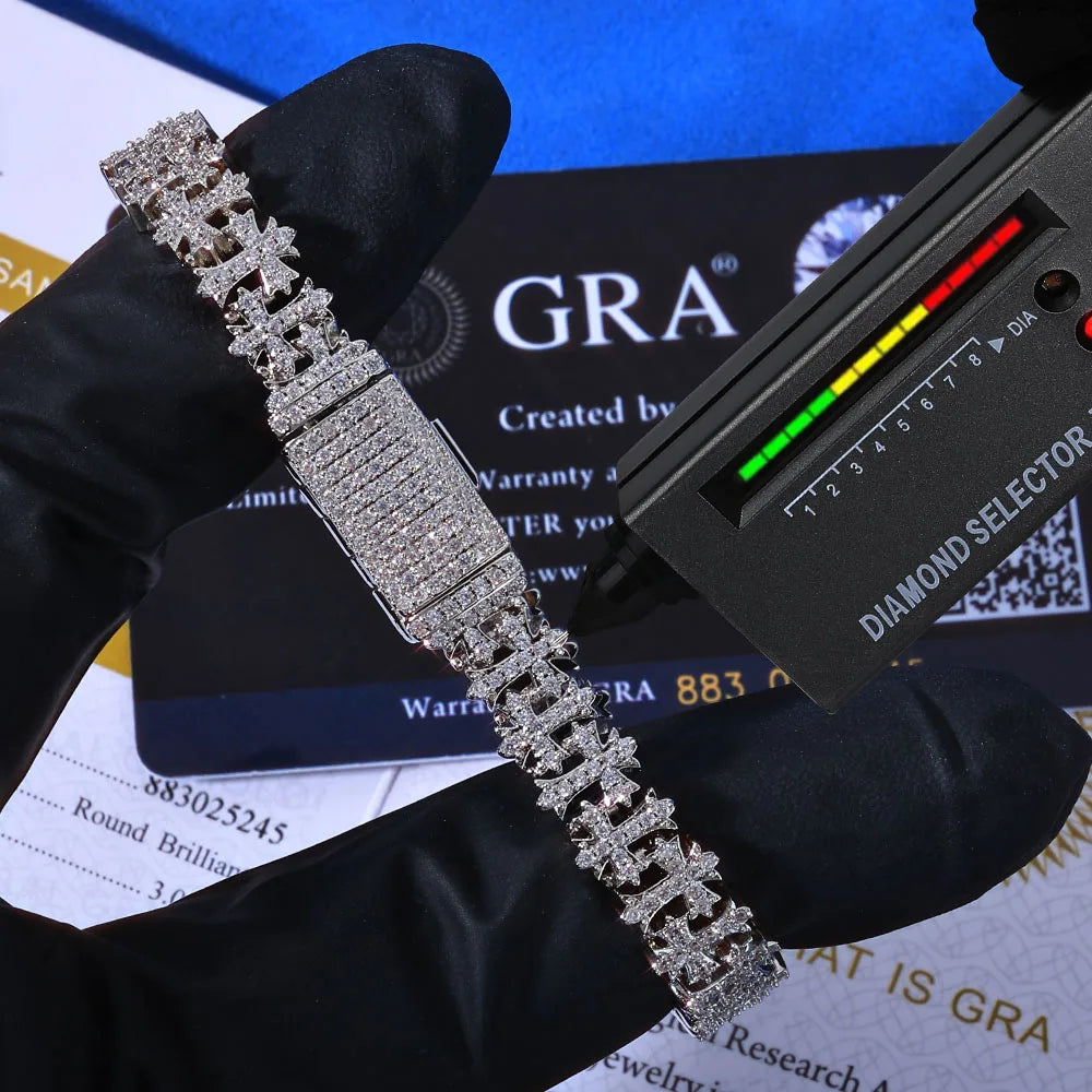 bracelet ICEBLING VVS Moissanite Snowflake Cross Bracelet 8mm 925 Silver for Men Women Iced VVS Cross Chain with GRA