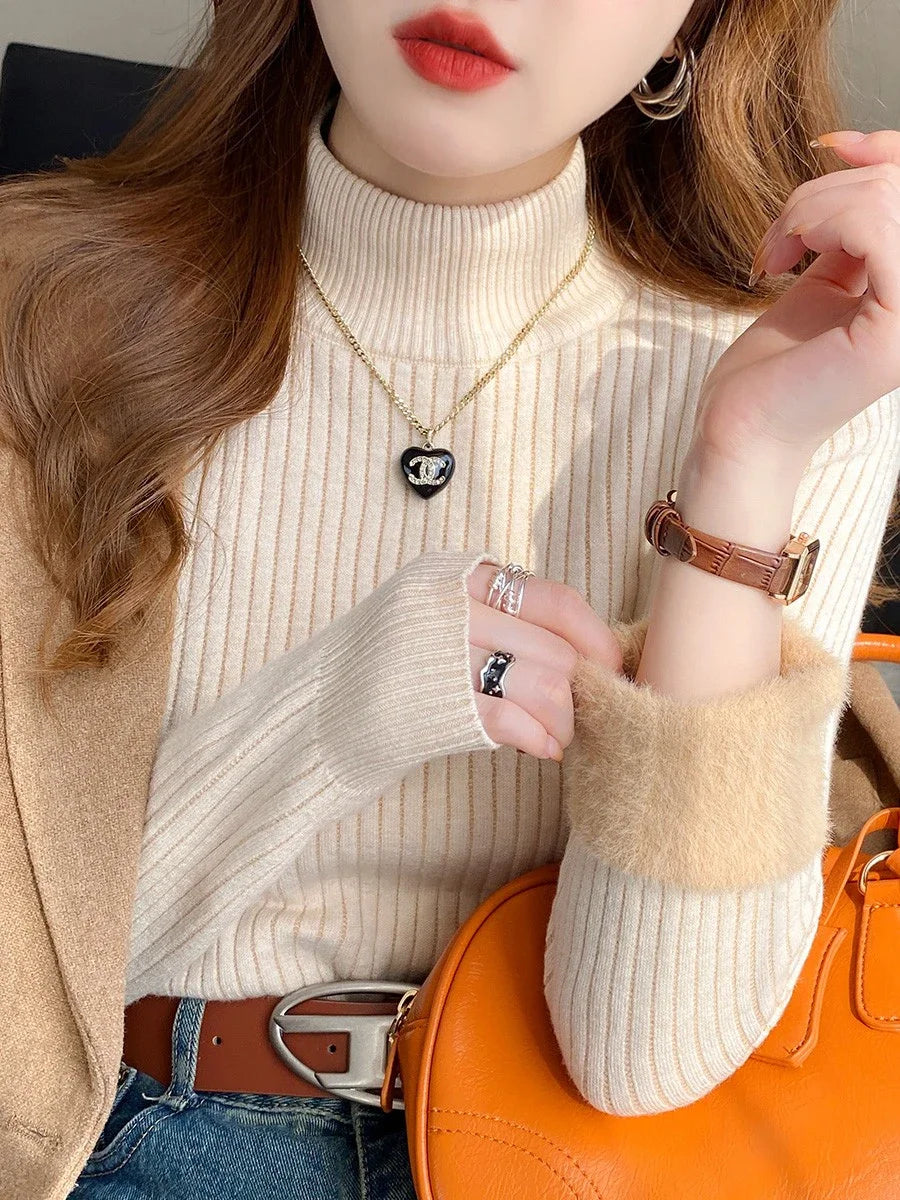 Ladies Knitted Sweaters Sweater For Women Winter Thicken Turtleneck Slim Knit Pullover New Warm Plush Velvet Lined Knitwear Jumper Tops Casual Poleras