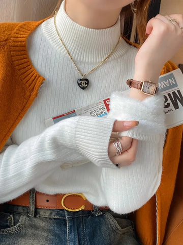 Ladies Knitted Sweaters Sweater For Women Winter Thicken Turtleneck Slim Knit Pullover New Warm Plush Velvet Lined Knitwear Jumper Tops Casual Poleras