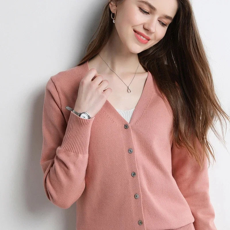 WOMEN WOVEN TOP Women Cardigans V-neck Long Sleeve Knitted Outerwear Solid Thin Spring Autumn Sweaters Knitwears Korean Fashion Red Cardigans
