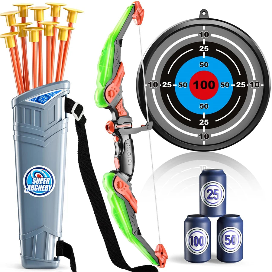 Children's entertainment toys Kids Bow and Arrow Set, LED Light Up Archery Toys Set for Kids Ages 4-8 8-12, with 10 Suction Cup Arrows, Target & Quiver, Boys