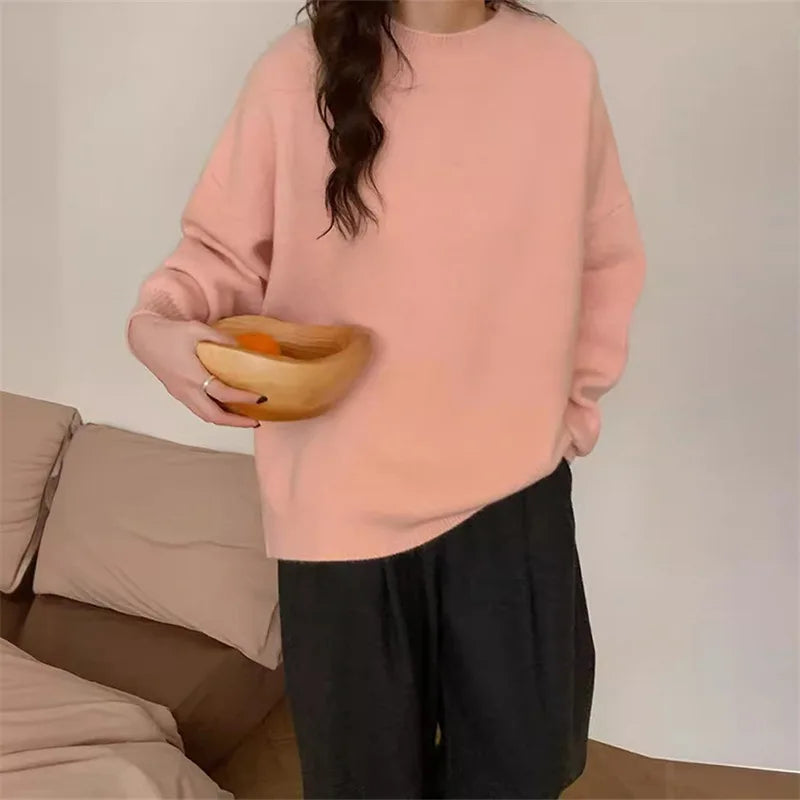 Women's dress Chic Red O-neck Pullover Sweater For Women Elegant Long Sleeves Casual Loose Knitted Tops 2025 Autumn Lady New Fashion