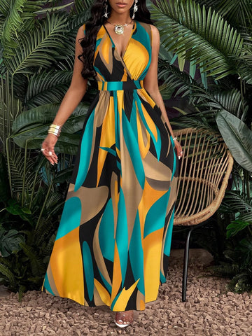 women's dress Tropical Print V-Neck Waist Section Cable Knit Fit And Flare Dress Maxi Women Outfit