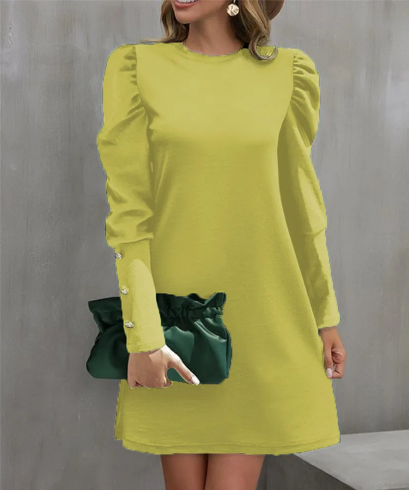 women dress 2025 Spring and Autumn New Round Neck Bubble Sleeve Button Decorative Long Sleeve Dress