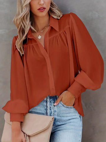 Women's blouse SAMPLE MATERIAL Women Fashion Plus Size 1XL-5XL Basic Blouse Ladoes Solid Button Up Lantern Sleeve Turn Down Collar Blouse Shirt