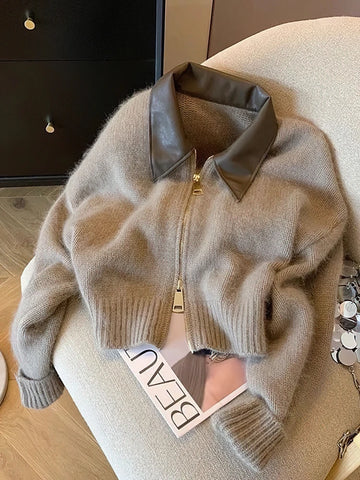 Women's sweater Patchwork Zipper Cropped Cardigan Women 400g Thick Autumn Knitted Sweater Bomber Jacket Vintage 2000s Short Fitted Knitwear Coat