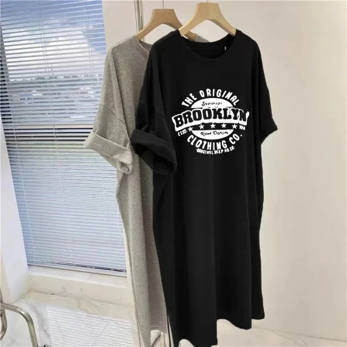 Plus Size Women's Summer Korean-Style Loose-Fit Short-Sleeve Printing T-Dress Casual Long Dress Medium-Length Side Slit Slimm...