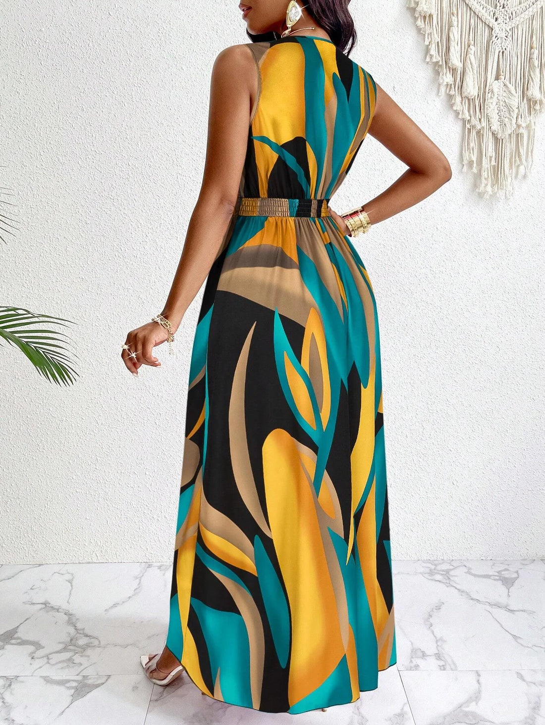 women's dress Tropical Print V-Neck Waist Section Cable Knit Fit And Flare Dress Maxi Women Outfit