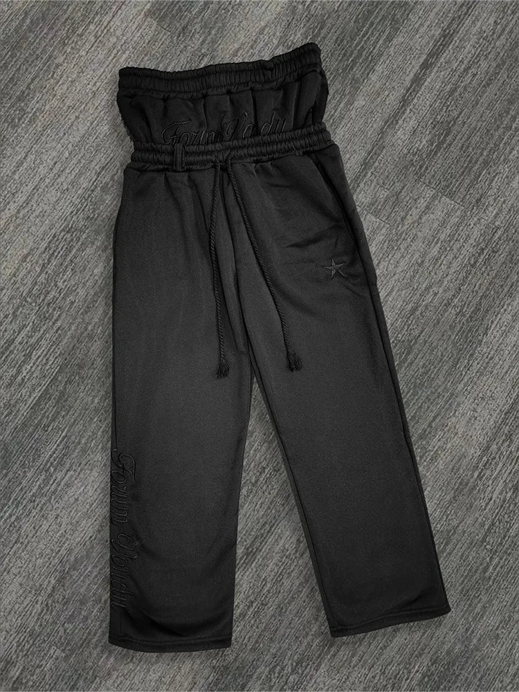 Harajuku Loose Double Waisted Sweatpants Y2K American Solid Color Letter Embroidery Casual Pants Hip Hop Drawstring sweat pants