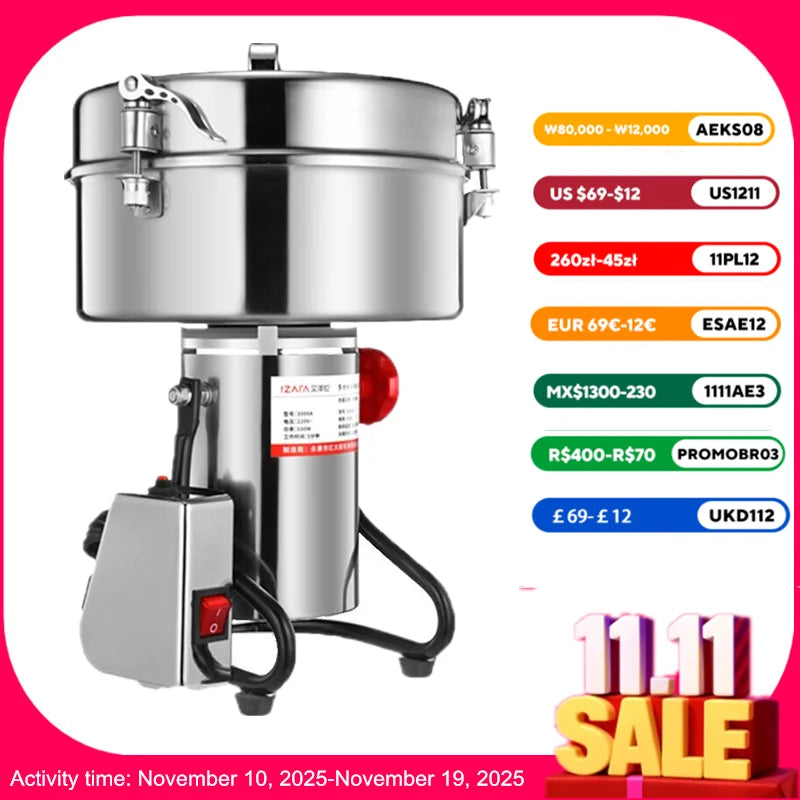 4500G Commercial Grain Grinder High Speed 4500W Cereals Medicinal Materials Spices Powder Crusher Stainless Steel Coffee Grinder