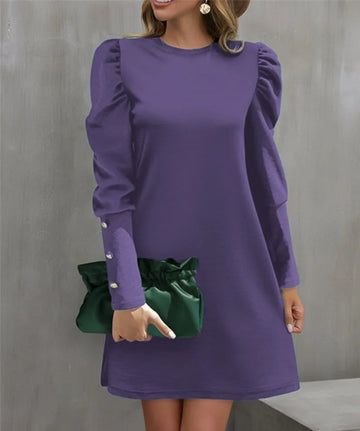 women dress 2025 Spring and Autumn New Round Neck Bubble Sleeve Button Decorative Long Sleeve Dress