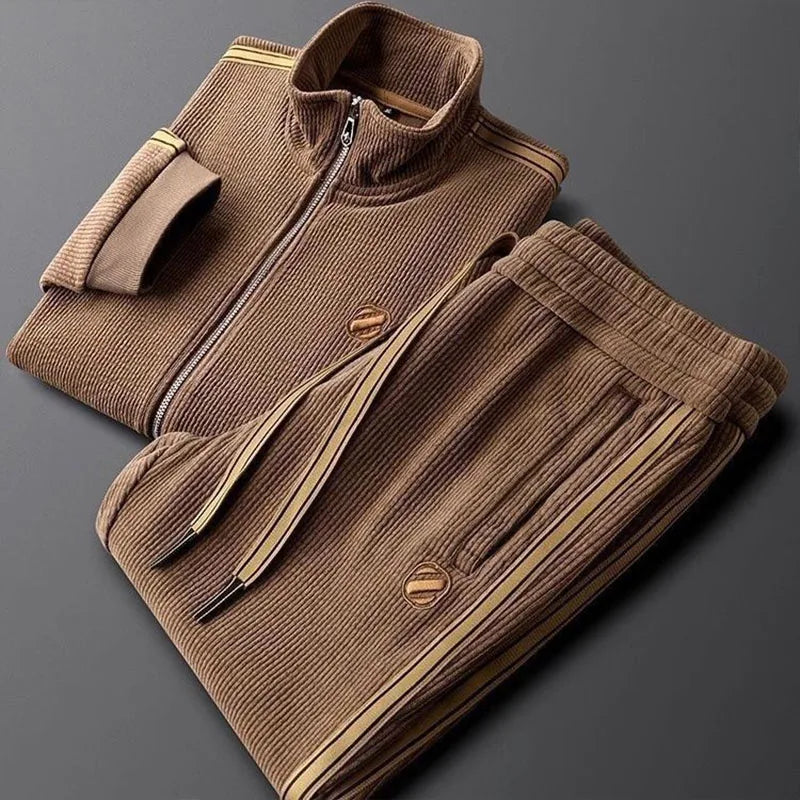 Knitted cotton men's tracksuit Men's casual sports suit 2025 autumn and winter new cotton bee sweater jacket pants two-piece set