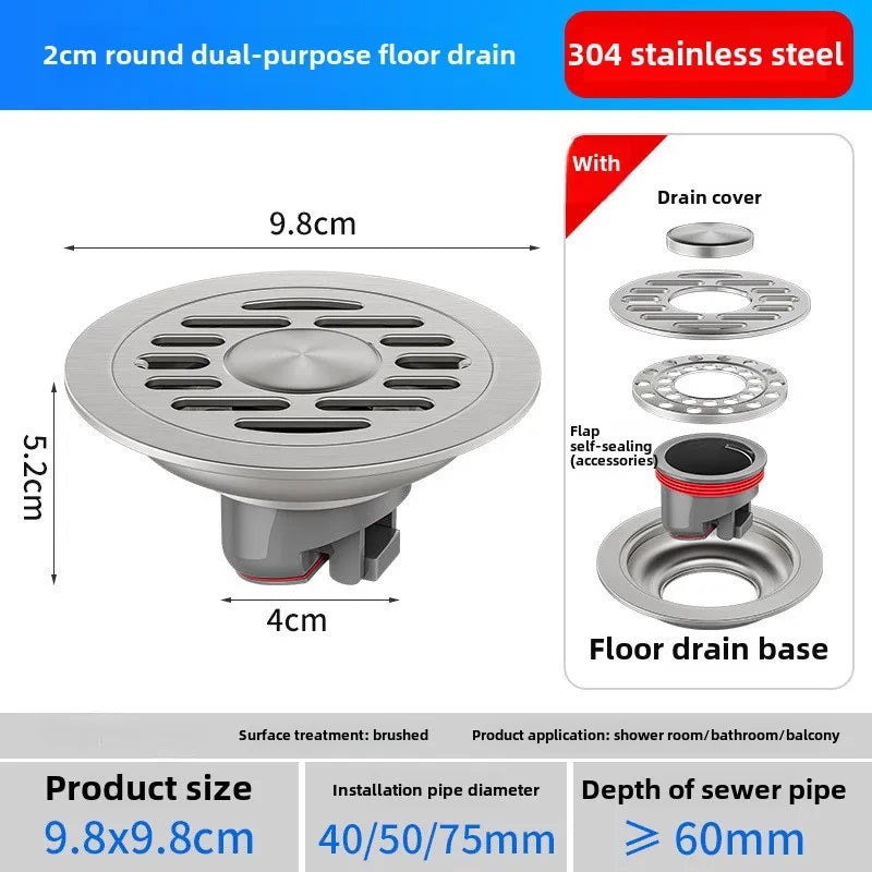 Rat Blocker for Drains 4 inch double gate Bathroom washing machine dual-use circular floor drain 304 stainless steel odor proof floor drain