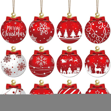 12PCS Wooden Christmas Tree Ornaments Set 2D Wood Christmas Tree Hanging Kits Home Party Holiday Wooden Ornaments For Crafts