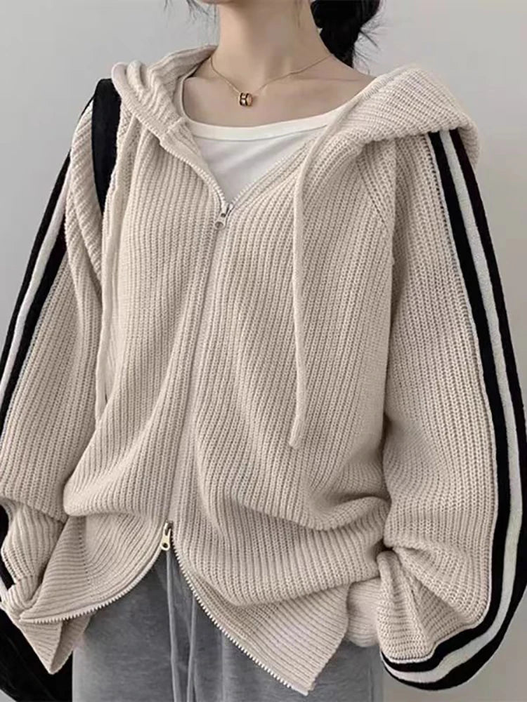 LADIES KNITTED SWATERS ITOOLIN New Lazy Wind Lapel Hooded Sweater Coats Zipper Stripe Knitted Cardigan Women's Autumn Winter Oversized Y2k Outer Wear